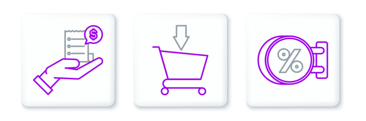 Poster - Set line Signboard hanging with an inscription discount percent, Human hand holding blank receipt or bill for payment and Add to Shopping cart icon. Vector