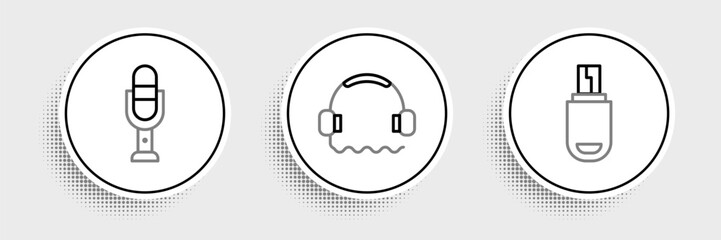 Poster - Set line USB flash drive, Microphone and Headphones icon. Vector