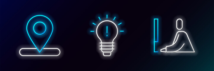 Poster - Set line Student working at laptop, Location and Light bulb with concept of idea icon. Glowing neon. Vector