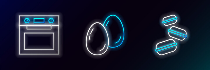 Poster - Set line Macaron cookie, Oven and Easter eggs icon. Glowing neon. Vector