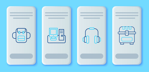 Fototapete - Set line Monitor with keyboard, Headphones, School backpack and Antique treasure chest icon. Vector