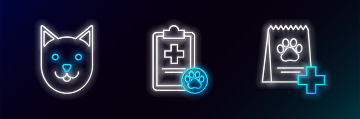 Poster - Set line Bag of food for dog, Cat and Clipboard with medical clinical record pet icon. Glowing neon. Vector