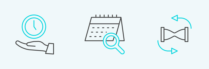 Aufkleber - Set line Old hourglass with sand, Clock and Calendar search icon. Vector