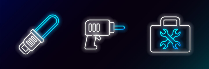 Poster - Set line Toolbox, Chainsaw and Electric drill machine icon. Glowing neon. Vector