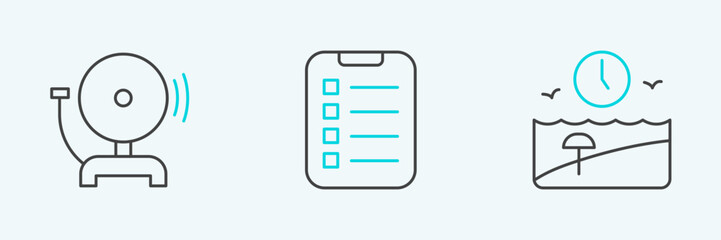 Poster - Set line Vacation time, Ringing alarm bell and To do list or planning icon. Vector