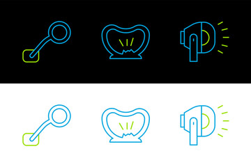 Poster - Set line Bicycle head lamp, rear view mirror and punctured tire icon. Vector
