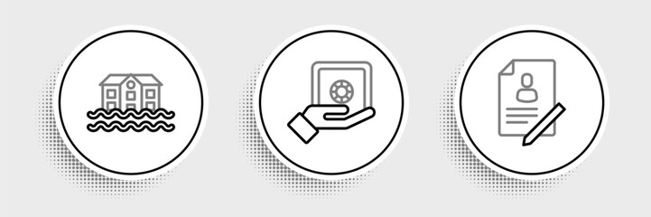 Aufkleber - Set line Document with shield, House flood and Safe in hand icon. Vector