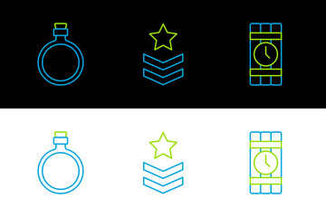 Poster - Set line Dynamite and timer clock, Canteen water bottle and Military rank icon. Vector