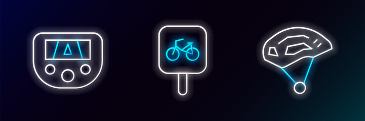 Poster - Set line Bicycle helmet, Gps device with map and parking icon. Glowing neon. Vector