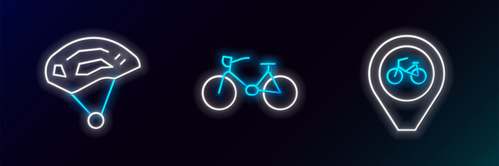 Poster - Set line Location with bicycle, Bicycle helmet and icon. Glowing neon. Vector