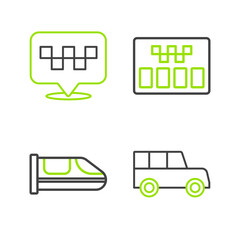 Poster - set line car, high-speed train, taximeter and location with taxi icon. vector