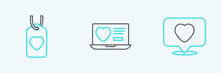 Poster - Set line Like and heart, Heart tag and Dating app online icon. Vector