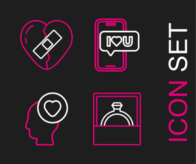 Poster - set line diamond engagement ring, head with heart, mobile and healed broken icon. vector