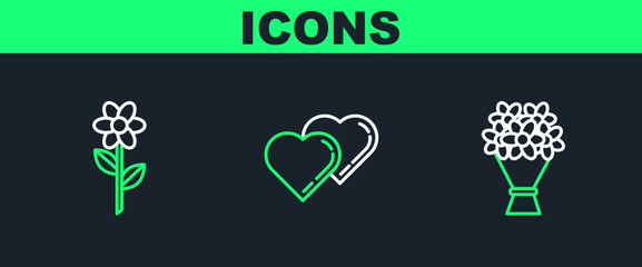 Poster - set line bouquet of flowers, flower and two linked hearts icon. vector