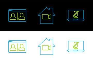 Fototapete - Set line Mute microphone on laptop, Video chat conference and camera Off in home icon. Vector