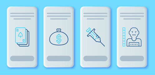 Poster - set line money bag, syringe, playing cards and suspect criminal icon. vector