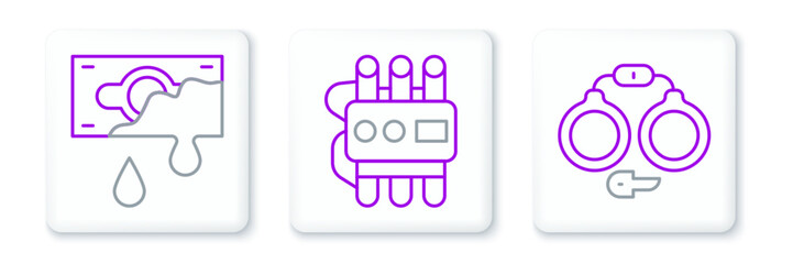 Poster - Set line Handcuffs, Bloody money and Dynamite timer clock icon. Vector