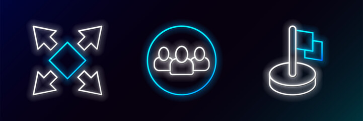 Poster - Set line Flag, Many ways directional arrow and Project team base icon. Glowing neon. Vector