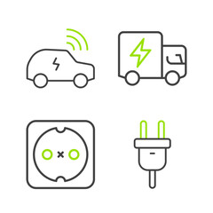 Poster - Set line Electric plug, Electrical outlet, truck and Smart car system icon. Vector