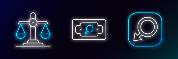 Poster - Set line Male gender, Gender equality and Money growth woman icon. Glowing neon. Vector