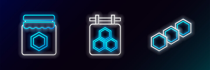 Poster - Set line Honeycomb, Jar of honey and Hanging sign with honeycomb icon. Glowing neon. Vector