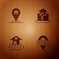 Poster - Set Location key, house, House with dollar and Online real estate on wooden background. Vector