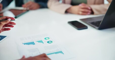 Aufkleber - Hands, charts and business people with teamwork, planning and brainstorming for profit growth. Closeup, accounting and employees in office, documents or cooperation with stats for feedback or review