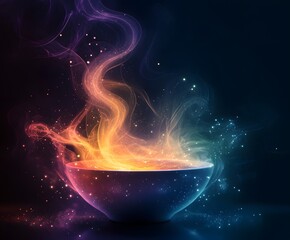 Poster - A mystical bowl of energy emanating vibrant colors, a visual symphony of ethereal light and swirling patterns.