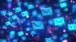 © Khan - A vibrant, colorful, abstract digital email icon with a blue and pink color scheme, floating against a dark blue background with a bokeh effect.