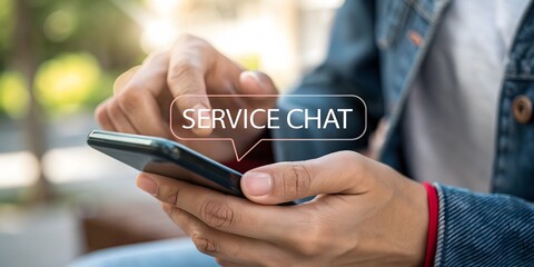 Poster - A person interacts with customer service using a smartphone. The scene showcases a service chat conversation interface, offering accessibility and convenience through technology. 