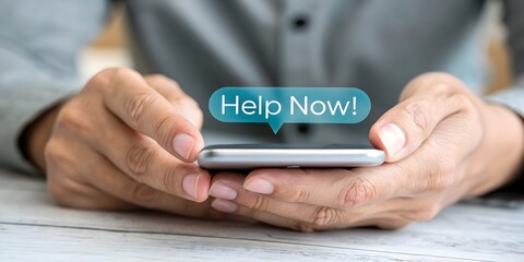 Poster - A person interacting with a smartphone screen which say Help now in the frame of a text bubble.This close-up shot of hands holding a smartphone suggests quick access to help.
