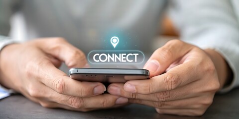 Poster - A person is using smartphone connect with a technology that has a location. This photograph shows the connection.