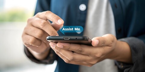 Poster - A person expertly uses a smartphone to get help from assistant in a high-tech, futuristic setting, highlighting how AI streamlines modern tasks with a visual of communication and ease.