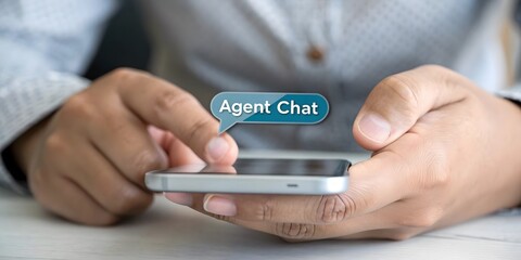 Poster - Close-up of a person's hands interacting with a smartphone, the agent chat interface displayed.