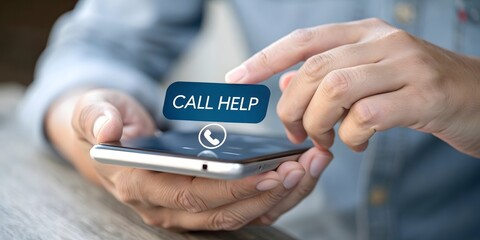 Poster - Hands hold smartphone and call for help, creating a modern digital assistance and support concept. 