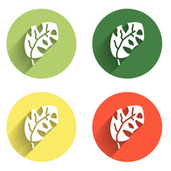 Poster - Set Tropical leaves of palm tree icon isolated with long shadow background. Color circle button. Vector