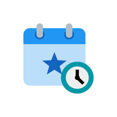 Poster - Illustration of a blue calendar icon with a star and a clock showing time on a white background design