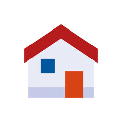Poster - Simple house illustration with a red roof, blue window, and orange door on a white background design