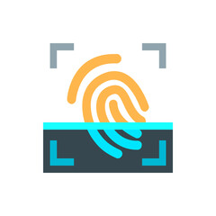 Poster - A fingerprint scan with a yellow fingerprint being scanned over a blue surface with corner markings present