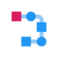 Poster - Illustration of a connected path with a red square, blue circles and squares on a white background