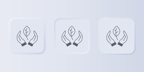 Poster - Grey Hand hold a leaf of the plant icon isolated on grey background. Care nature. Leaf shoots with environmental protection. Set icons in square buttons. Vector