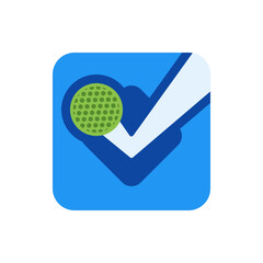 Poster - Illustration of a blue rounded square with a white checkmark and a green golf ball in the upper left corner