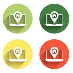 Poster - Set Infographic of city map navigation icon isolated with long shadow background. Laptop App Interface concept design. Geolocation concept. Color circle button. Vector