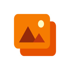 Poster - Orange landscape image icon with two mountains and a sun set against a bright backdrop in a flat design style