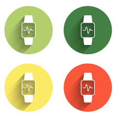 Poster - Set Smart watch showing heart beat rate icon isolated with long shadow background. Fitness App concept. Color circle button. Vector