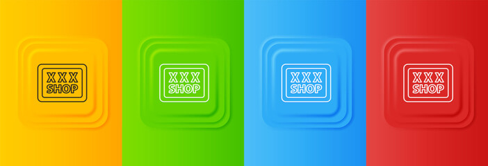 Poster - White Sex shop icon isolated on colorful background. Sex shop, online sex store, adult erotic products concept. Set icons in square buttons. Vector