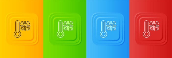 Poster - White Thermometer with snowflake icon isolated on colorful background. Set icons in square buttons. Vector