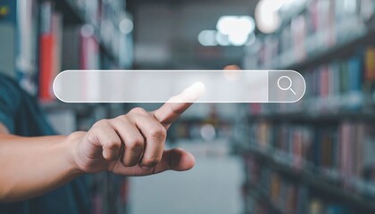 Poster - Person pointing at a digital search bar overlay with bookshelves in a library setting, indicating research or information retrieval
