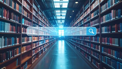 Poster - Modern library interior with bookshelves, glowing search bar overlay, and a spacious aisle inviting exploration and knowledge