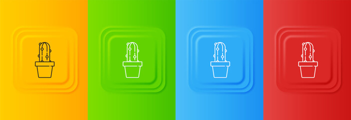 Poster - White Cactus peyote in pot icon isolated on colorful background. Plant growing in a pot. Potted plant sign. Set icons in square buttons. Vector